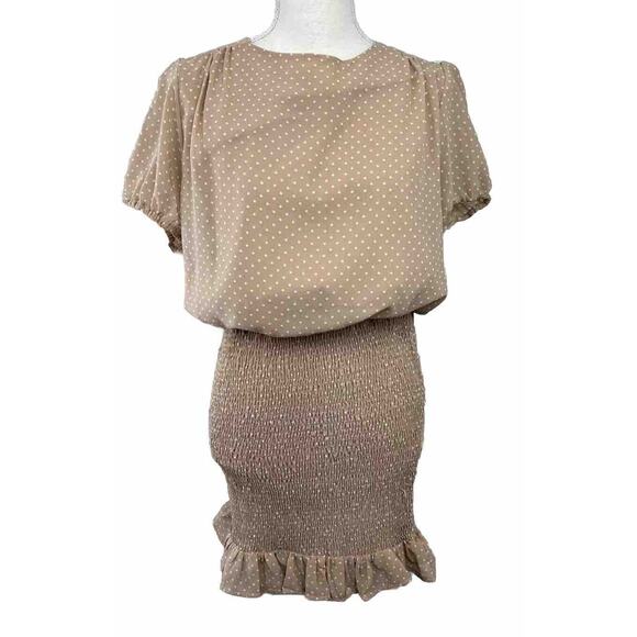 HYFVE HYFVE HYFVE Peach/Tan Polka Dot Bodycon Spring Dress Ruched Size Large - Picture 1 of 13
